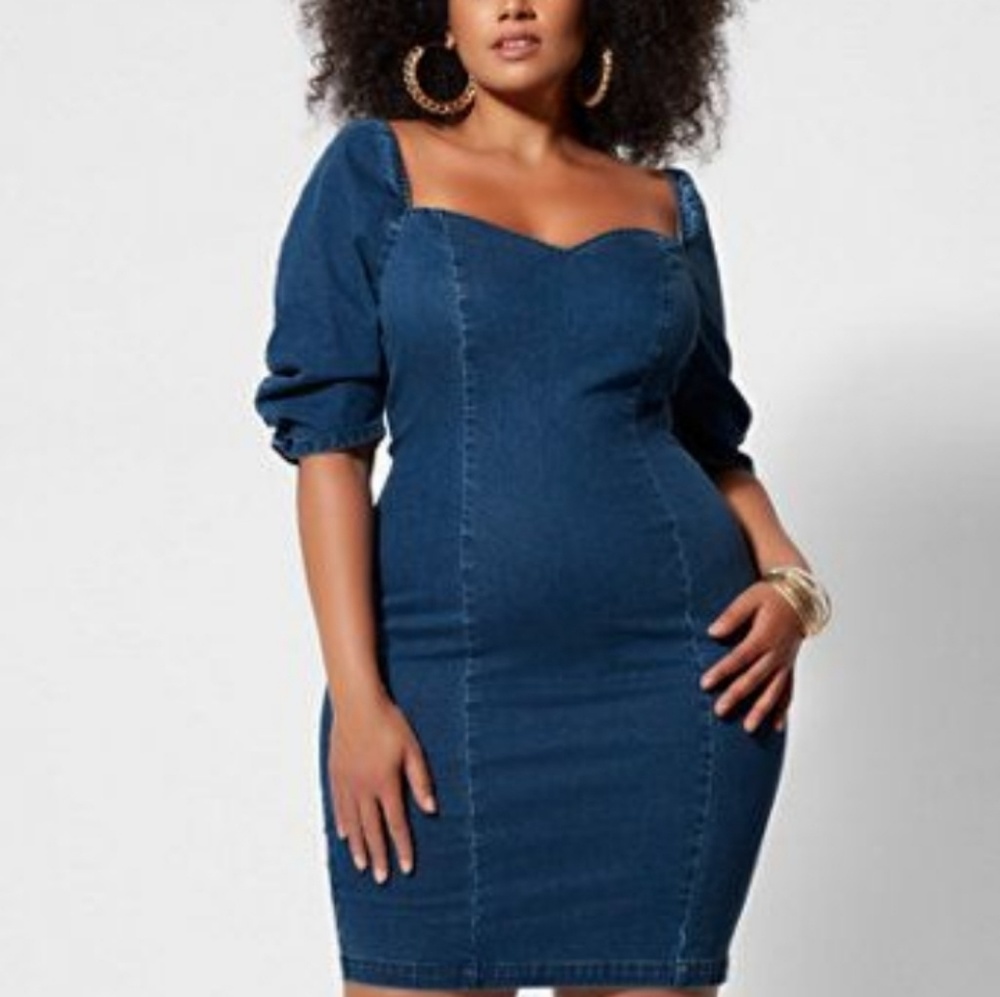 Denim mini dress with sleeve rouching
